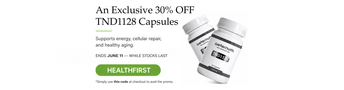 Promotional image of TND1128 capsules with a discount offer on a white background.