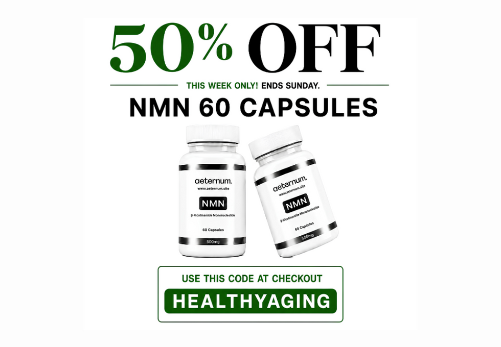 Promotional graphic for NMN 60 capsules with a 50% off discount offer on a white background.
