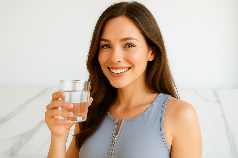 Woman holding a glass of water against a white background