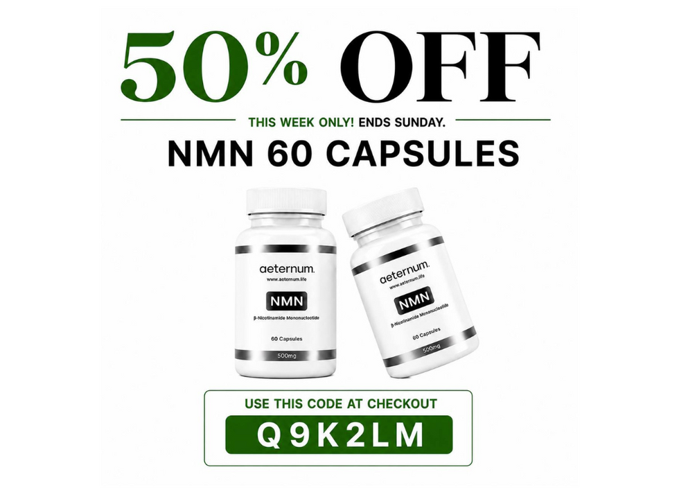 Advertisement for NMN 60 capsules with a 50% off discount offer on a white background.