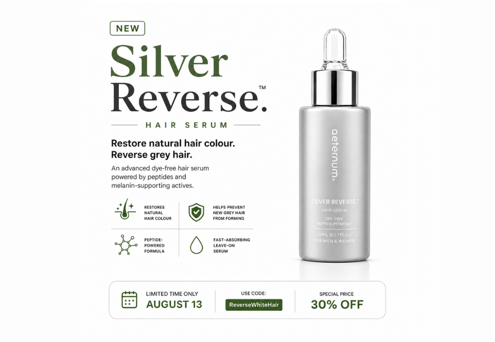 A promotional product graphic for Silver Reverse Hair Serum on a white background, showing the silver dropper bottle alongside text describing the hair serum and sale details.