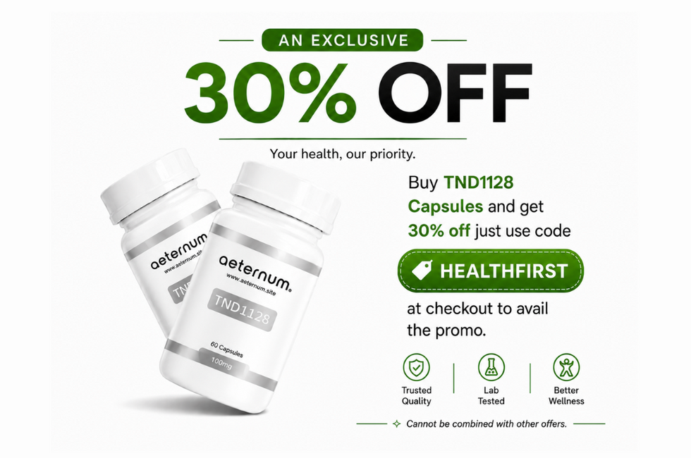 Advertisement for a supplement brand with a 30% off offer on a white background