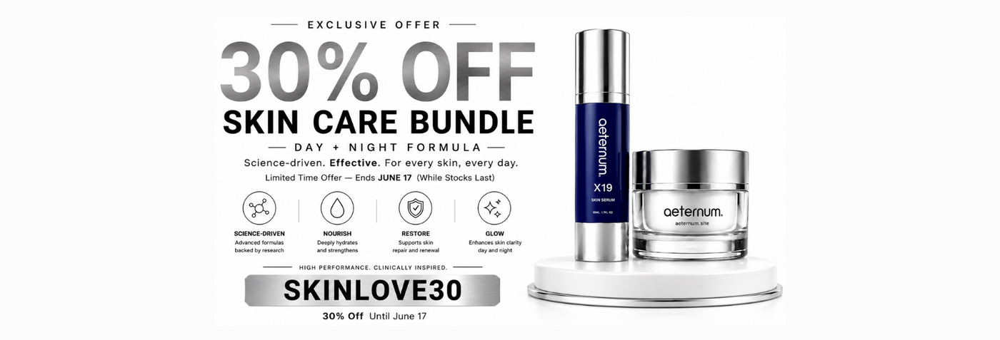 Skin care products with a promotional banner offering 30% off on a skin care bundle.
