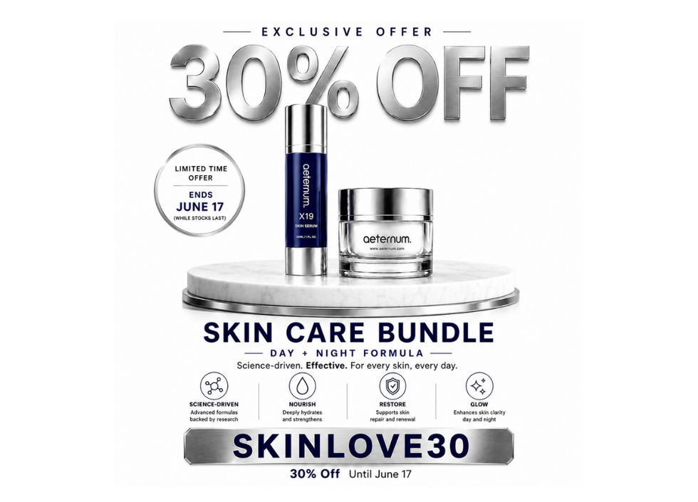 Promotional image of a skin care bundle with a 30% off discount offer on a white background.