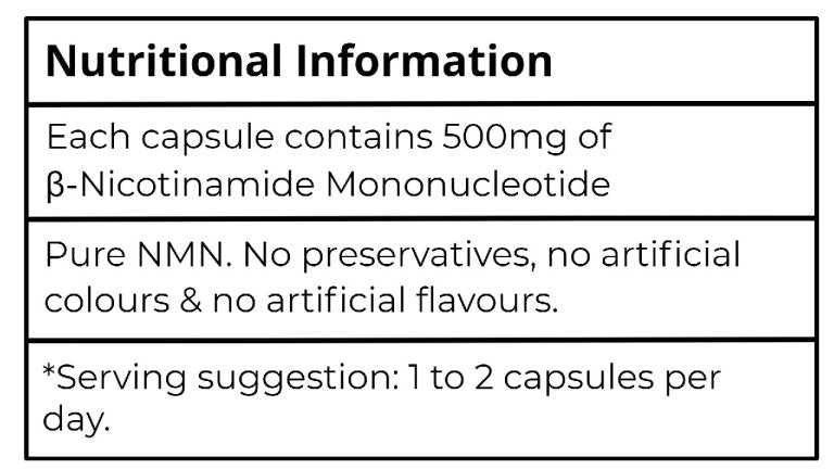 500mg NMN Capsules – PURE NMN – Nicotinamide Mononucleotide (Beta, β-NMN)