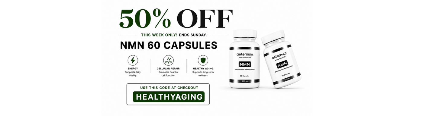 Promotional banner for NMN 60 Capsules with a 50% off discount offer on a white background.