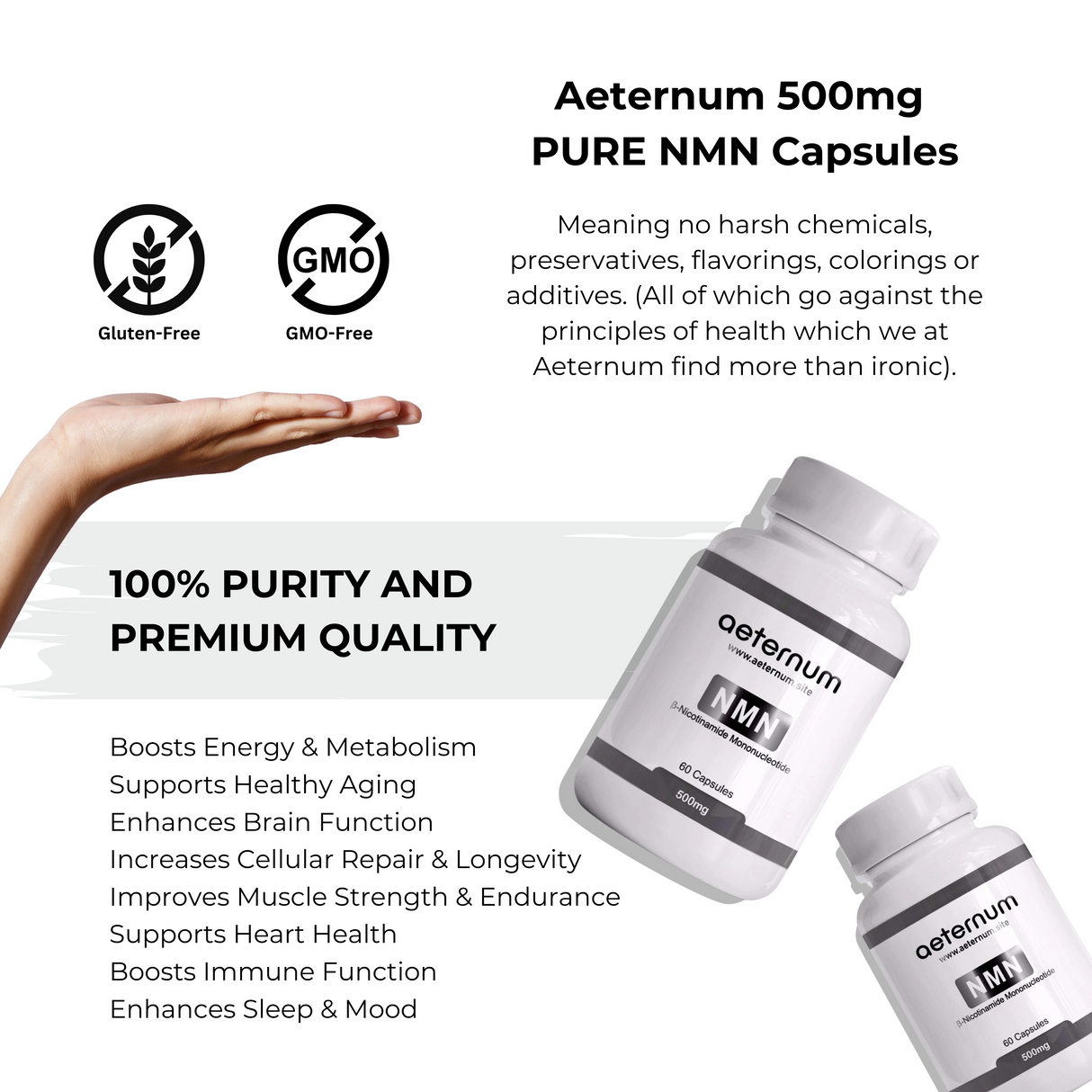 500mg NMN Capsules – PURE NMN – Nicotinamide Mononucleotide (Beta, β-NMN)