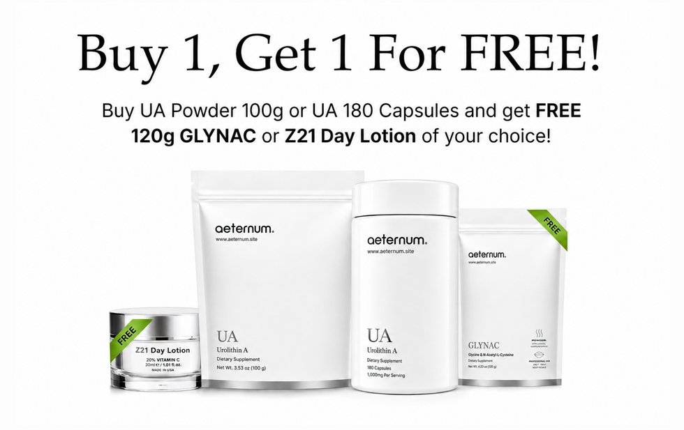 Promotional banner for Ceferum skincare offering a 'Buy 1, Get 1 For FREE!' deal. The offer allows shoppers to purchase either 100g of UA Powder or 180 capsules of UA, in exchange for a free choice of 120g Glynac Z21 Day Lotion or Z21 Day Lotion.