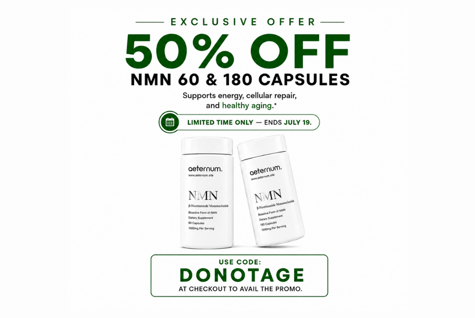 Promotional graphic for NMN 60 and 180 capsules, featuring two white bottles of osterum Nutritionals under a '50% OFF' offer banner with green text on a white background.
