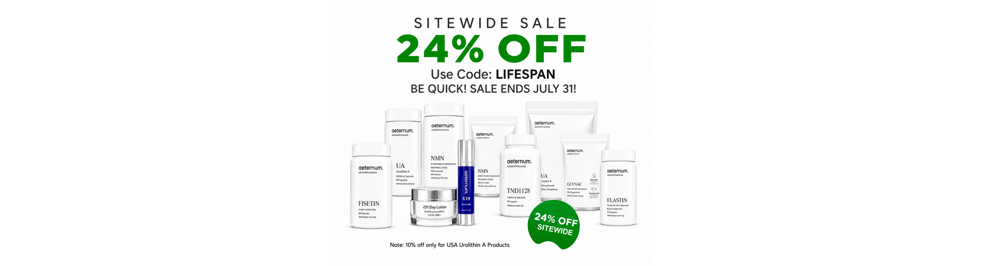 A promotional sale graphic on a white background with text reading 'SITEWIDE SALE 24% OFF' and a small lineup of skincare bottles and jars below, plus a green '24% OFF' badge.