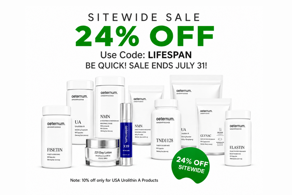 A promotional sale graphic for Liposomal skincare products, featuring multiple white bottles, jars, and tubes with black and green text. The text reads 'SITEWIDE SALE 24% OFF' with the code 'LIFESPAN' and a green '24% OFF SITEWIDE' badge.