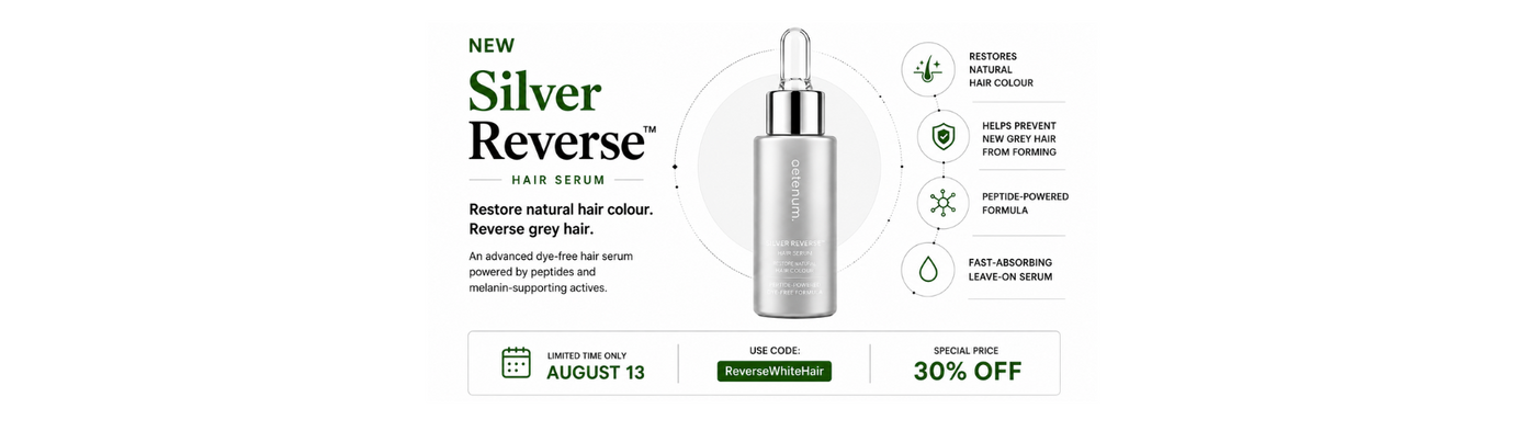 A promotional banner for Silver Reverse Hair Serum, featuring a silver bottle with a dropper on a white background with green and black text detailing product benefits and a 30% off discount.