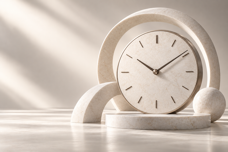 Sculptural ivory analog clock representing anti-aging