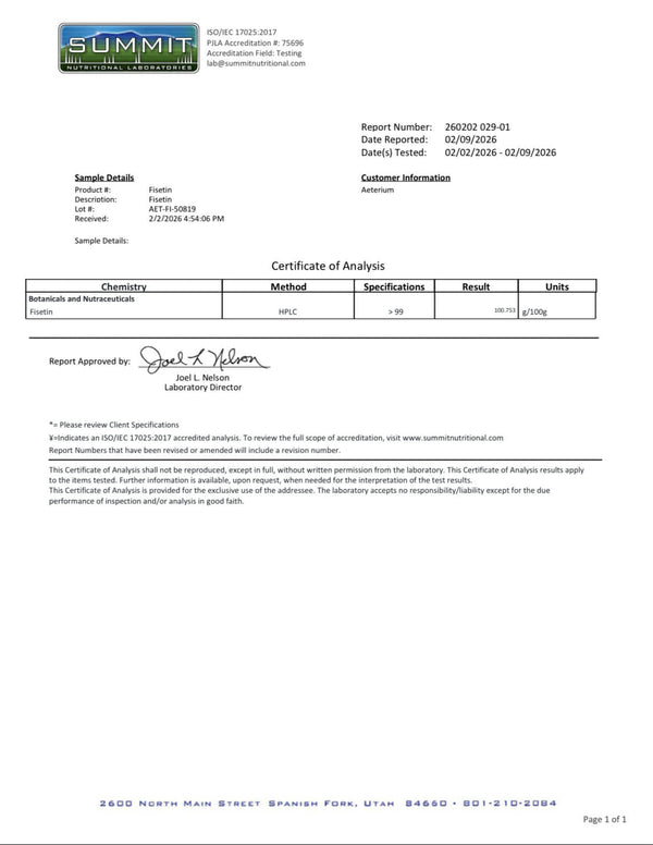 Certificate for Aeternum Fisetin